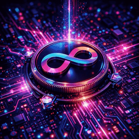 ICP token Internet Computer coin glowing on futuristic motherboard with neon circuitry and digital energy effects.