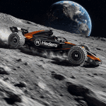 McLaren-inspired Hedera crypto race car driving across the moon with glowing wheels, lunar dust effects, cinematic lighting, and Earth in the background