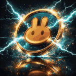 PancakeSwap (CAKE) 3D coin with teal glow, gold bunny symbol, and lightning energy effects on a reflective surface