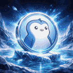 Pudgy Penguins PENGU meme coin 3D render with icy blue glow, arctic background, penguin logo, and cinematic energy effects