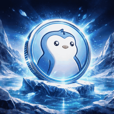 Pudgy Penguins PENGU meme coin 3D render with icy blue glow, arctic background, penguin logo, and cinematic energy effects