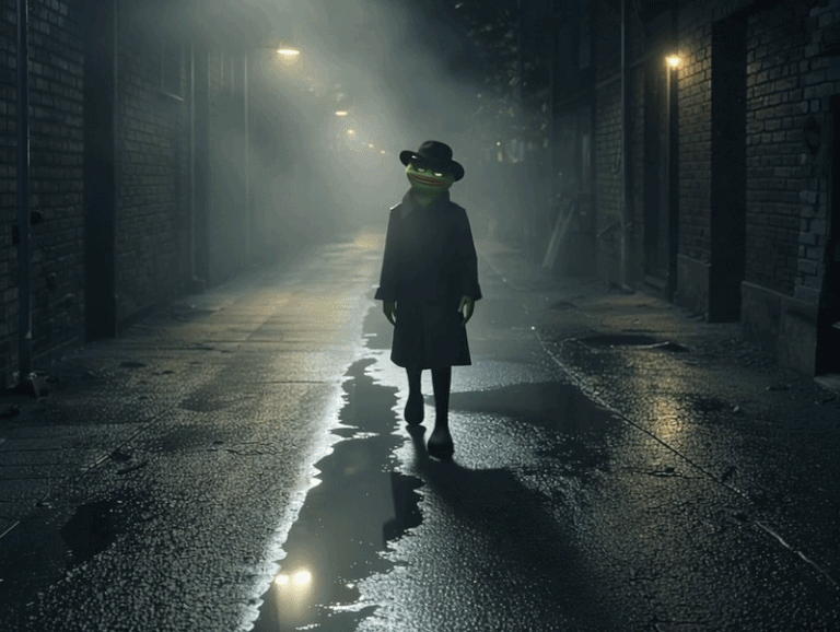 Animated SaucerSwap (SAUCE) crypto meme showing a Pepe-style frog character walking through a dark foggy alley before revealing glowing $SAUCE coins hidden inside a trench coat.