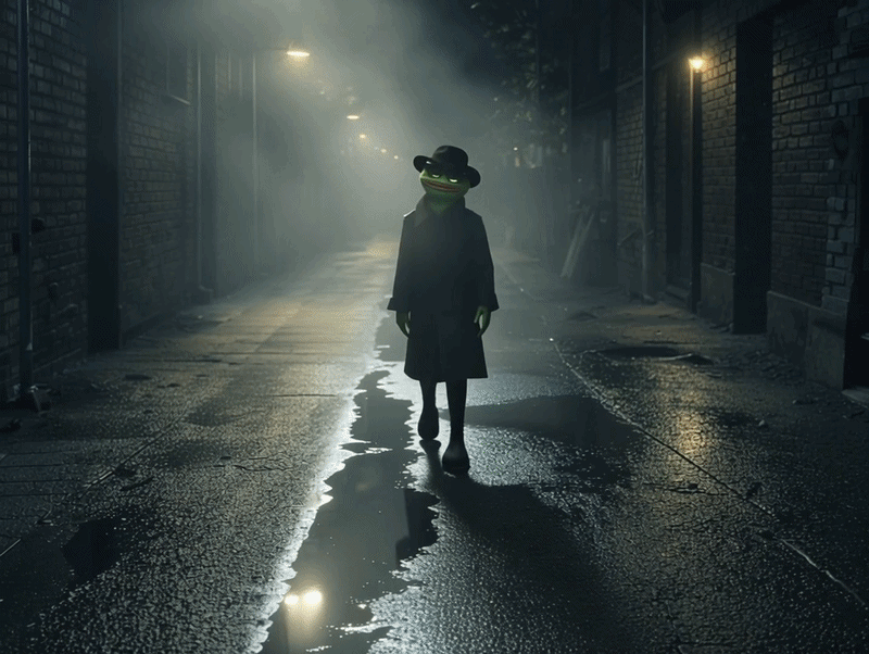 Animated SaucerSwap (SAUCE) crypto meme showing a Pepe-style frog character walking through a dark foggy alley before revealing glowing $SAUCE coins hidden inside a trench coat.