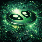 Futuristic SaucerSwap SAUCE crypto token glowing with green energy while embedded in an alien motherboard processor, representing DeFi infrastructure on the Hedera network.