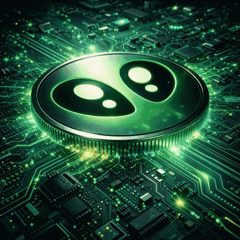 Futuristic SaucerSwap SAUCE crypto token glowing with green energy while embedded in an alien motherboard processor, representing DeFi infrastructure on the Hedera network.