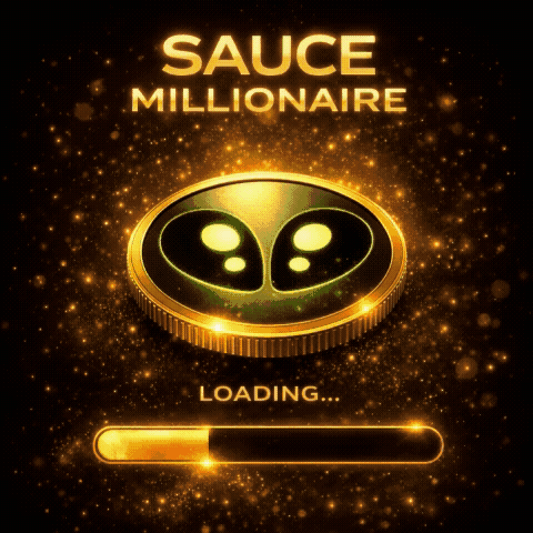 SaucerSwap SAUCE cryptocurrency coin with glowing gold lighting and sparkles, showing a “Millionaire Loading” message with a progress bar filling below the coin.