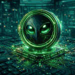 SAUCE token alien coin from SaucerSwap displayed on a futuristic motherboard representing decentralized finance on the Hedera HBAR network.