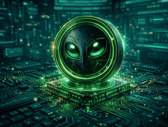 SAUCE token alien coin from SaucerSwap displayed on a futuristic motherboard representing decentralized finance on the Hedera HBAR network.