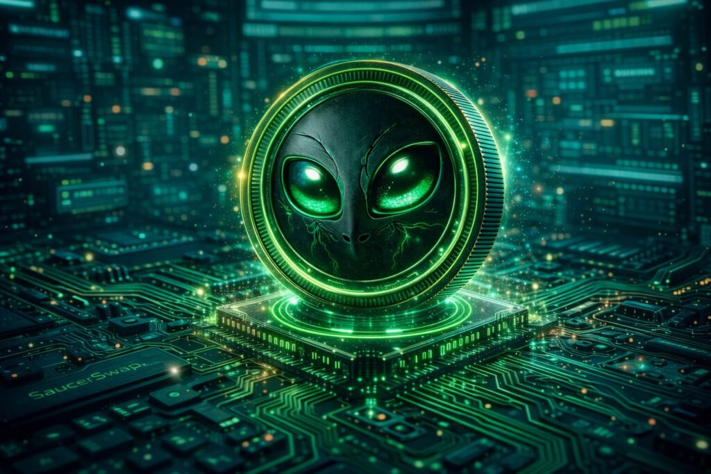 SAUCE token alien coin from SaucerSwap displayed on a futuristic motherboard representing decentralized finance on the Hedera HBAR network.