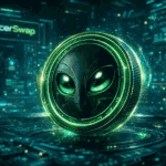 Futuristic SaucerSwap crypto coin with glowing green alien face floating in digital blockchain environment