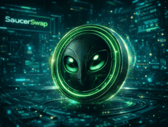 Futuristic SaucerSwap crypto coin with glowing green alien face floating in digital blockchain environment