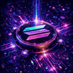 Solana (SOL) crypto coin logo glowing on a futuristic blockchain circuit board network