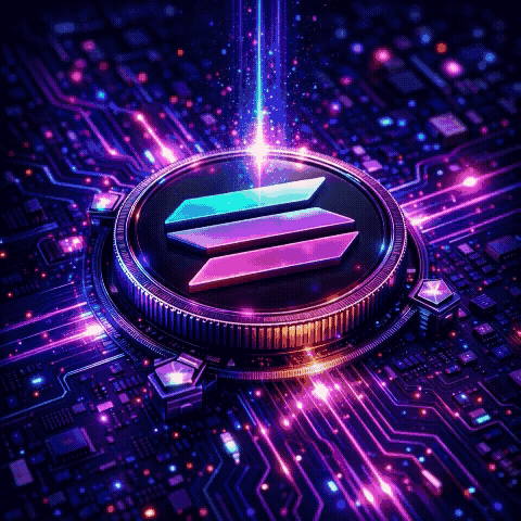 Solana (SOL) crypto coin logo glowing on a futuristic blockchain circuit board network