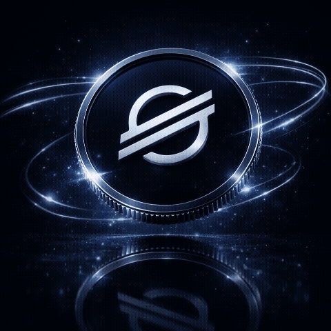 Stellar (XLM) 3D coin animation with glowing orbital light trails, futuristic design, and cinematic lighting effects on a reflective surface.