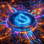 3D SUI coin logo animation embedded in a futuristic glowing circuit board with vibrant neon lighting and high-tech digital environment