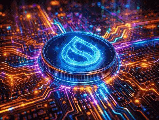 3D SUI coin logo animation embedded in a futuristic glowing circuit board with vibrant neon lighting and high-tech digital environment