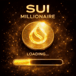 Sui (SUI) gold coin meme animation with glowing droplet logo, featuring “Millionaire Loading” text and a progress bar with bright cinematic particle effects.