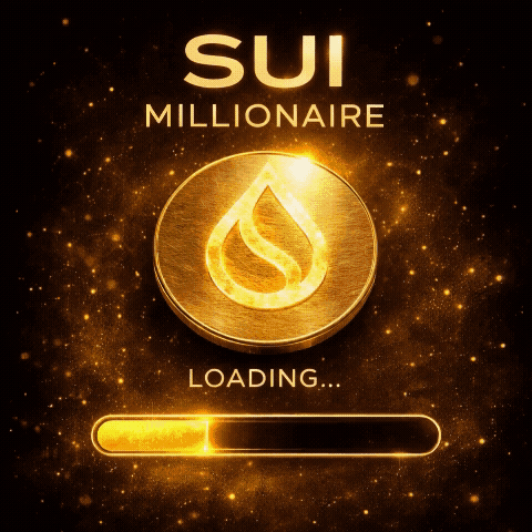Sui (SUI) gold coin meme animation with glowing droplet logo, featuring “Millionaire Loading” text and a progress bar with bright cinematic particle effects.