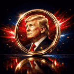 TRUMP crypto coin GIF featuring a detailed portrait design with glowing red energy effects and high-contrast patriotic background