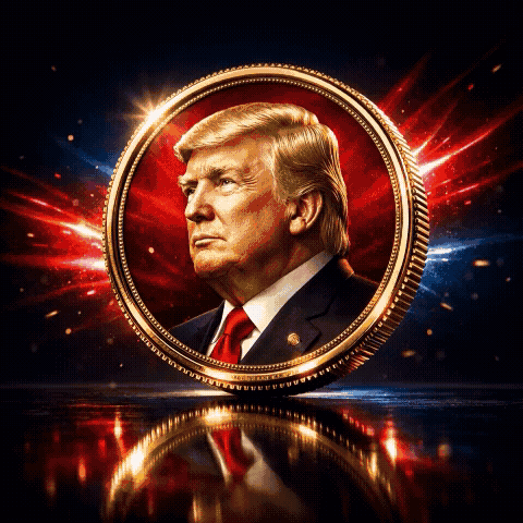TRUMP crypto coin GIF featuring a detailed portrait design with glowing red energy effects and high-contrast patriotic background