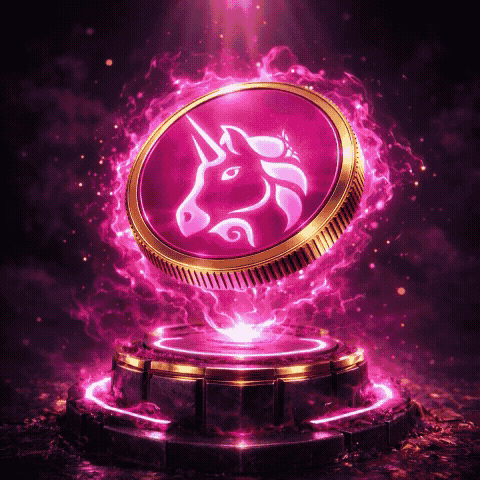 Cinematic Uniswap (UNI) 3D coin animation with glowing unicorn logo, pink energy effects, and futuristic pedestal, featuring high-quality lighting and particle visuals.