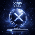 XRP coin with $589 text and loading bar in cosmic blue background with glowing particles