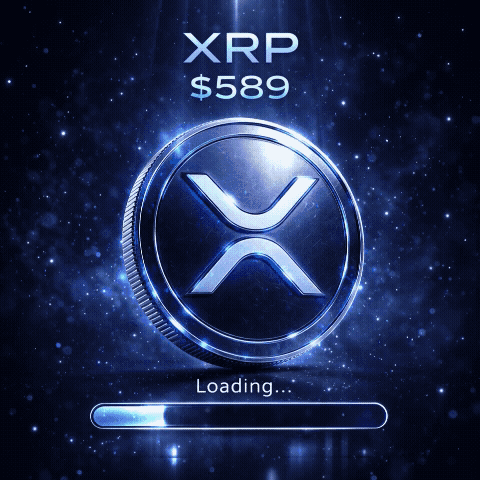 XRP coin with $589 text and loading bar in cosmic blue background with glowing particles