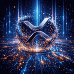 XRP symbol glowing above a futuristic digital circuit board with blue data streams and golden energy particles in a blockchain technology animation.