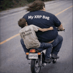 Overweight man riding motorcycle with shirt saying My XRP Bag while skinny man labeled My Bank Account clings behind in funny crypto meme