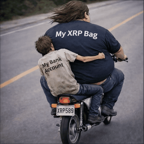 Overweight man riding motorcycle with shirt saying My XRP Bag while skinny man labeled My Bank Account clings behind in funny crypto meme